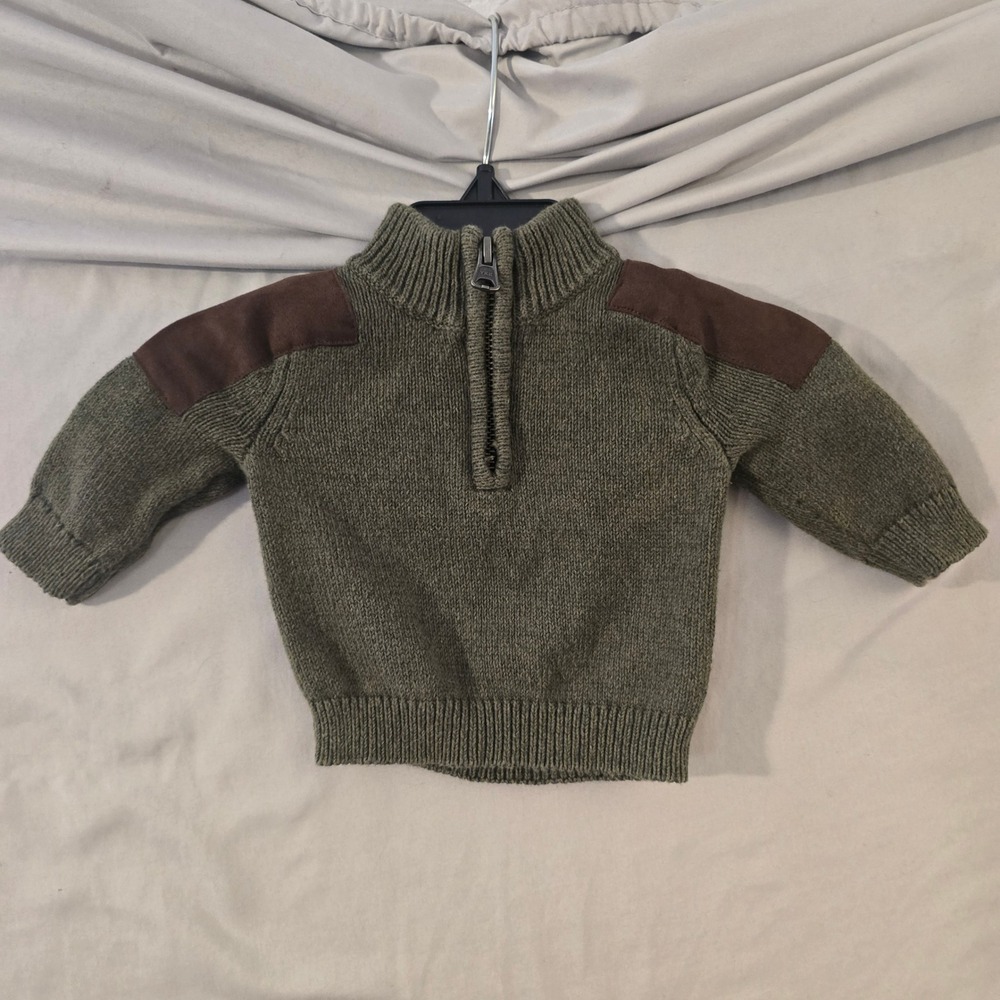 Starting Out Quarter Zip Sweater 3M Baby Boy Green Brown Suede Patch Knit